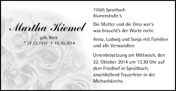 Traueranzeige von Martha Kiemel von Gmünder Tagespost