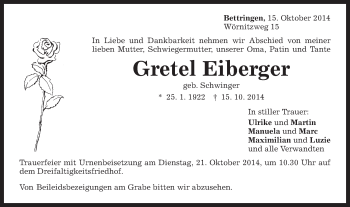 Traueranzeige von Gretel Eiberger von Gmünder Tagespost