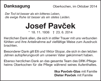 Traueranzeige von Josef Pavcek von Schwäbische Post