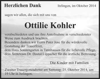 Traueranzeige von Ottilie Kohler von Schwäbische Post