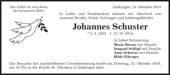 Traueranzeige von Johannes Schuster von Schwäbische Post
