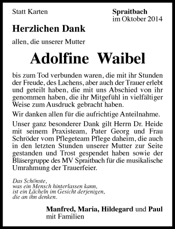Traueranzeige von Adolfine Waibel von Gmünder Tagespost