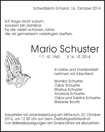 Traueranzeige von Mario Schuster von Gmünder Tagespost