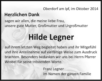 Traueranzeige von Hilde Legner von Schwäbische Post