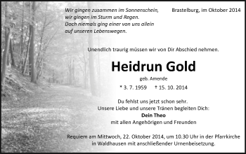 Traueranzeige von Heidrun Gold von Schwäbische Post