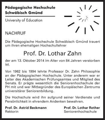 Traueranzeige von Lothar Zahn von Gmünder Tagespost
