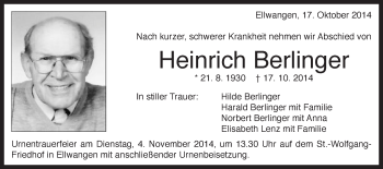 Traueranzeige von Heinrich Berlinger von Schwäbische Post