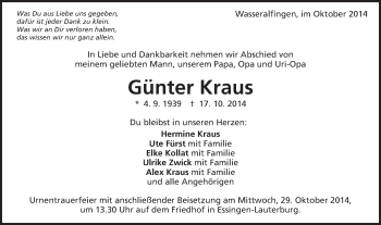 Traueranzeige von Günter Kraus von Schwäbische Post