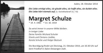 Traueranzeige von Margret Schulze von Schwäbische Post