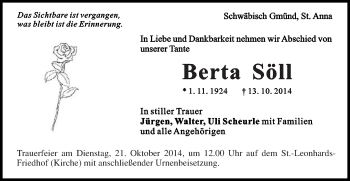Traueranzeige von Berta Söll von Gmünder Tagespost