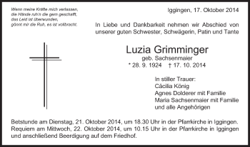 Traueranzeige von Luzia Grimminger von Gmünder Tagespost