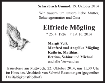 Traueranzeige von Elfriede Mögling von Gmünder Tagespost