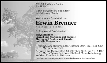 Traueranzeige von Erwin Brenner von Gmünder Tagespost