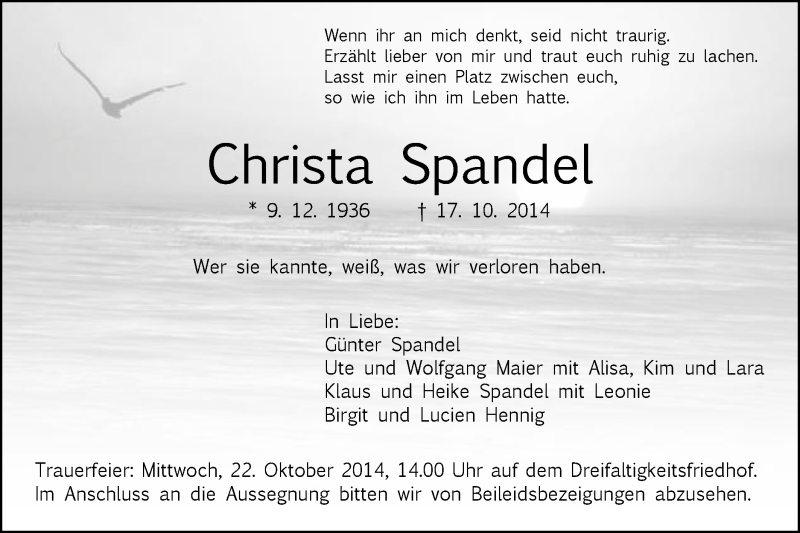  Traueranzeige für Christa Spandel vom 20.10.2014 aus Gmünder Tagespost