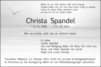 Traueranzeige von Christa Spandel von Gmünder Tagespost