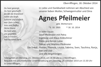 Traueranzeige von Agnes Pfeilmeier von Schwäbische Post