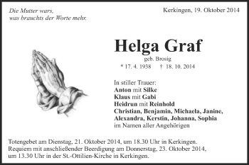 Traueranzeige von Helga Graf von Schwäbische Post