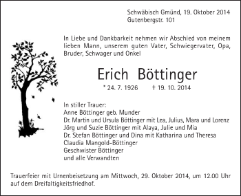 Traueranzeige von Erich Böttinger von Gmünder Tagespost