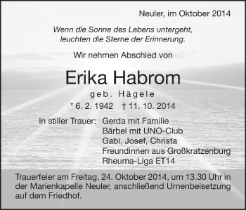 Traueranzeige von Erika Habrom von Schwäbische Post