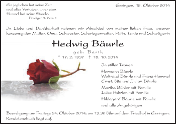 Traueranzeige von Hedwig Bäurle von Schwäbische Post