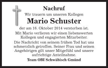 Traueranzeige von Mario Schuster von Gmünder Tagespost