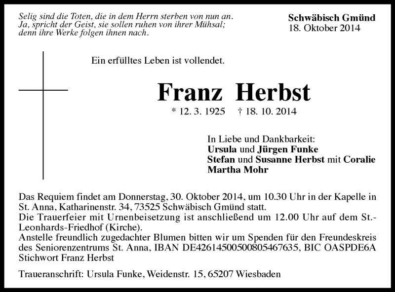  Traueranzeige für Franz Herbst vom 24.10.2014 aus Gmünder Tagespost
