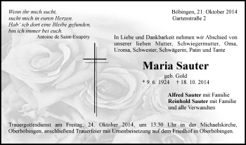 Traueranzeige von Maria Sauter von Gmünder Tagespost