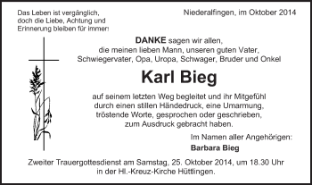 Traueranzeige von Karl Bieg von Schwäbische Post