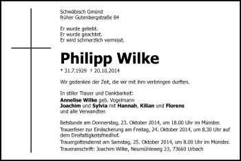 Traueranzeige von Philipp Wilke von Gmünder Tagespost