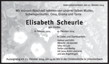 Traueranzeige von Elisabeth Scheurle von Schwäbische Post
