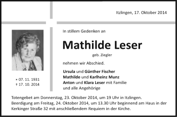 Traueranzeige von Mathilde Leser von Schwäbische Post