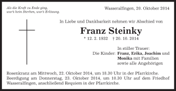 Traueranzeige von Franz Steinky von Schwäbische Post