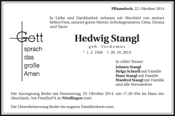 Traueranzeige von Hedwig Stangel von Schwäbische Post
