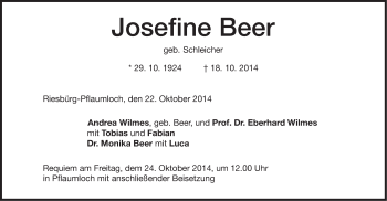 Traueranzeige von Josefine Beer von Schwäbische Post