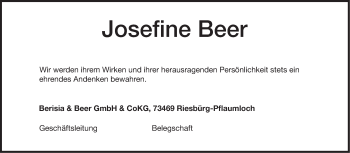 Traueranzeige von Josefine Beer von Schwäbische Post