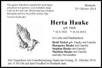 Traueranzeige von Herta Hauke von Gmünder Tagespost