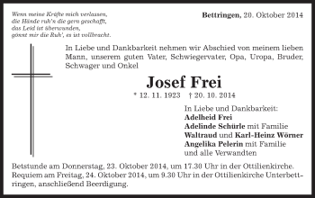 Traueranzeige von Josef Frei von Gmünder Tagespost
