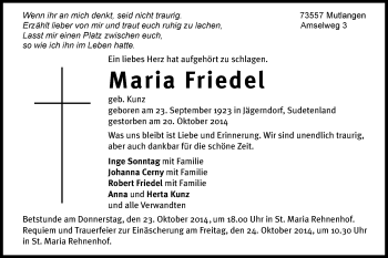 Traueranzeige von Maria Friedel von Gmünder Tagespost