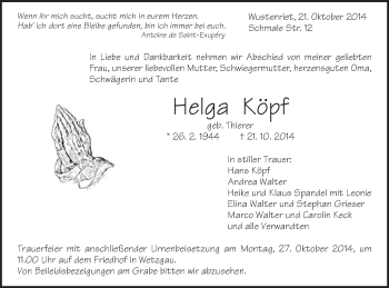Traueranzeige von Helga Köpf von Gmünder Tagespost