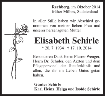 Traueranzeige von Elisabeth Schirle von Gmünder Tagespost