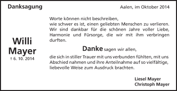 Traueranzeige von Willi Mayer von Schwäbische Post