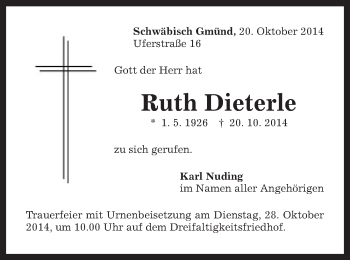 Traueranzeige von Ruth Dieterle von Gmünder Tagespost