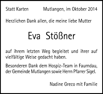 Traueranzeige von Eva Stößner von Gmünder Tagespost