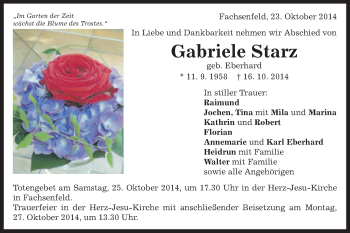Traueranzeige von Gabriele Starz von Schwäbische Post