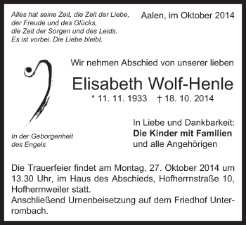 Traueranzeige von Elisabeth Wolf-Henle von Schwäbische Post