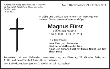 Traueranzeige von Magnus Fürst von Schwäbische Post
