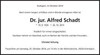 Traueranzeige von Alfred Schadt von Schwäbische Post