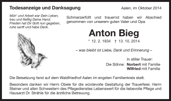 Traueranzeige von Anton Bieg von Schwäbische Post