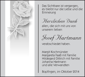 Traueranzeige von Josef Hartmann von Schwäbische Post