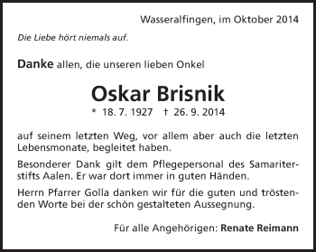 Traueranzeige von Oskar Brisnik von Schwäbische Post